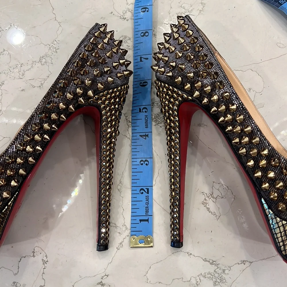 Rare Christian Louboutin Lady Peep Spikes Hematite/Bronze Strass 37.5 - Picture 14 of 15